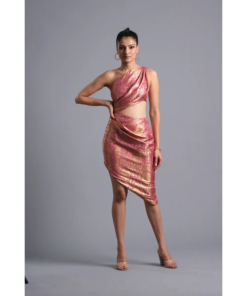 AASTHA SOOD - Bubblegum pink Asymmetric Brocade Dress